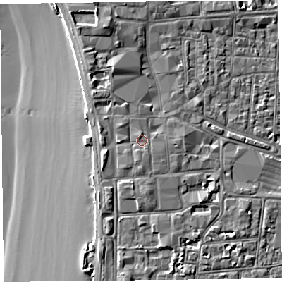 Shaded relief map of the ground around BS231SX, computed from Environment Agency LiDAR. The ground here sits at about 9 m above sea level and falls 9 m across the surrounding 800 m. The ground contributing surface water to this point lies to the south.