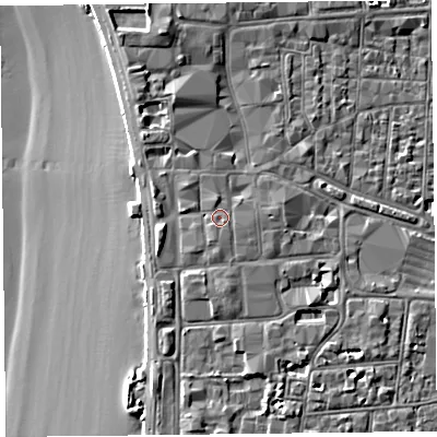 Shaded relief map of the ground around BS231SY, computed from Environment Agency LiDAR. The ground here sits at about 9 m above sea level and falls 9 m across the surrounding 800 m. The ground contributing surface water to this point lies to the south.