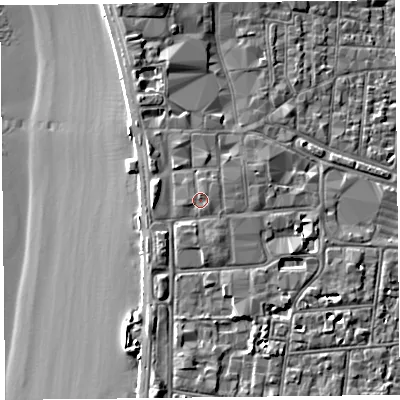 Shaded relief map of the ground around BS231TA, computed from Environment Agency LiDAR. The ground here sits at about 9 m above sea level and falls 9 m across the surrounding 800 m. Surface water reaching this point runs off ground lying to the north-north-east, 0.8 m higher.