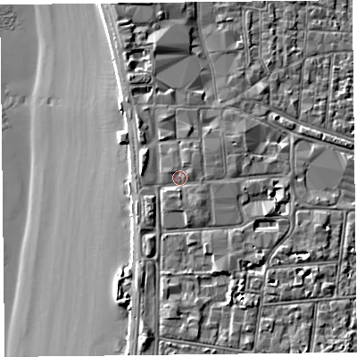 Shaded relief map of the ground around BS231TD, computed from Environment Agency LiDAR. The ground here sits at about 8 m above sea level and falls 9 m across the surrounding 800 m. Surface water reaching this point runs off ground lying to the south-south-east, 1.1 m higher.