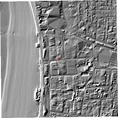 Shaded relief map of the ground around BS231TE, computed from Environment Agency LiDAR. The ground here sits at about 9 m above sea level and falls 8 m across the surrounding 800 m. Surface water reaching this point runs off ground lying to the south-south-east, 0.9 m higher.