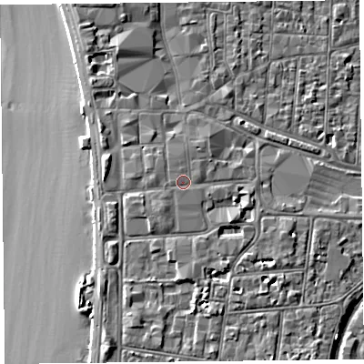 Shaded relief map of the ground around BS231TF, computed from Environment Agency LiDAR. The ground here sits at about 9 m above sea level and falls 8 m across the surrounding 800 m. The ground contributing surface water to this point lies to the east-north-east.