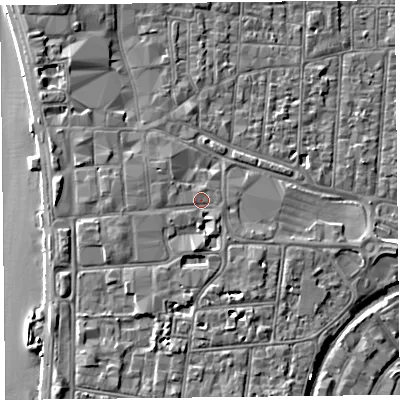 Shaded relief map of the ground around BS231TR, computed from Environment Agency LiDAR. The ground here sits at about 9 m above sea level and falls 5 m across the surrounding 800 m. Surface water reaching this point runs off ground lying to the south, 2.2 m higher.