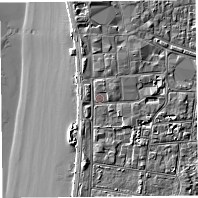 Shaded relief map of the ground around BS231TT, computed from Environment Agency LiDAR. The ground here sits at about 8 m above sea level and falls 9 m across the surrounding 800 m. Surface water reaching this point runs off ground lying to the south-south-east, 2.0 m higher.