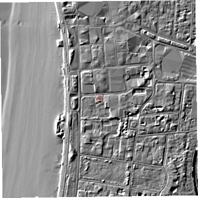 Shaded relief map of the ground around BS231UA, computed from Environment Agency LiDAR. The ground here sits at about 9 m above sea level and falls 9 m across the surrounding 800 m. Surface water reaching this point runs off ground lying to the south-east, 1.4 m higher.