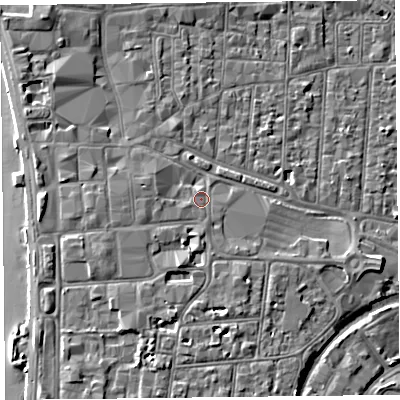 Shaded relief map of the ground around BS231UG, computed from Environment Agency LiDAR. The ground here sits at about 8 m above sea level and falls 5 m across the surrounding 800 m. Surface water reaching this point runs off ground lying to the south-south-west, 2.3 m higher.