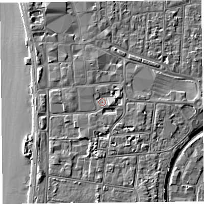 Shaded relief map of the ground around BS231UJ, computed from Environment Agency LiDAR. The ground here sits at about 9 m above sea level and falls 6 m across the surrounding 800 m. Surface water reaching this point runs off ground lying to the east-south-east, 2.2 m higher.