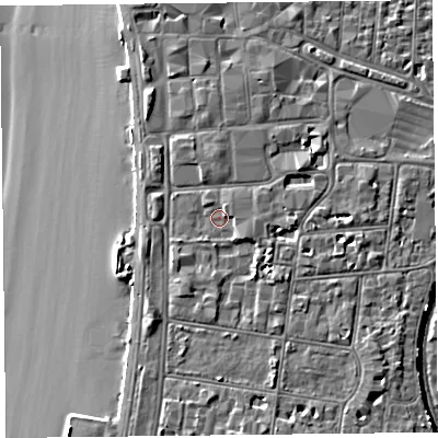 Shaded relief map of the ground around BS231UL, computed from Environment Agency LiDAR. The ground here sits at about 8 m above sea level and falls 9 m across the surrounding 800 m. Surface water reaching this point runs off ground lying to the east-south-east, 1.4 m higher.