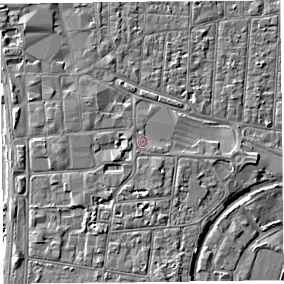 Shaded relief map of the ground around BS231US, computed from Environment Agency LiDAR. The ground here sits at about 8 m above sea level and falls 5 m across the surrounding 800 m. Surface water reaching this point runs off ground lying to the west-south-west, 2.0 m higher.