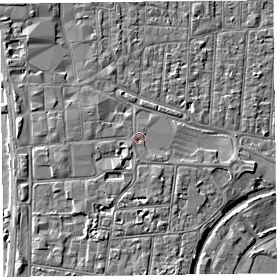Shaded relief map of the ground around BS231UW, computed from Environment Agency LiDAR. The ground here sits at about 8 m above sea level and falls 5 m across the surrounding 800 m. Surface water reaching this point runs off ground lying to the south-west, 2.1 m higher.