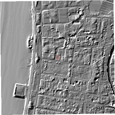 Shaded relief map of the ground around BS231XH, computed from Environment Agency LiDAR. The ground here sits at about 9 m above sea level and falls 9 m across the surrounding 800 m. Surface water reaching this point runs off ground lying to the north-east, 1.3 m higher.