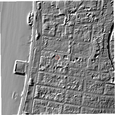 Shaded relief map of the ground around BS231XW, computed from Environment Agency LiDAR. The ground here sits at about 9 m above sea level and falls 8 m across the surrounding 800 m. Surface water reaching this point runs off ground lying to the south-south-east, 1.1 m higher.