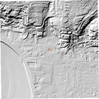 Shaded relief map of the ground around BS232AA, computed from Environment Agency LiDAR. The ground here sits at about 7 m above sea level and falls 45 m across the surrounding 800 m. Surface water reaching this point runs off ground lying to the north-north-east, 36.9 m higher.