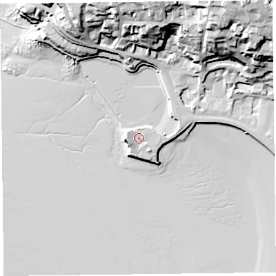 Shaded relief map of the ground around BS232AD, computed from Environment Agency LiDAR. The ground here sits at about 9 m above sea level and falls 46 m across the surrounding 800 m. Surface water reaching this point runs off ground lying to the south-west, 3.1 m higher.