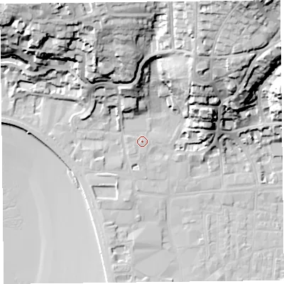 Shaded relief map of the ground around BS232AF, computed from Environment Agency LiDAR. The ground here sits at about 8 m above sea level and falls 49 m across the surrounding 800 m. Surface water reaching this point runs off ground lying to the north-north-east, 38.0 m higher.