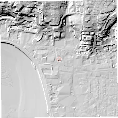 Shaded relief map of the ground around BS232AG, computed from Environment Agency LiDAR. The ground here sits at about 8 m above sea level and falls 42 m across the surrounding 800 m. Surface water reaching this point runs off ground lying to the west-south-west, 1.2 m higher.
