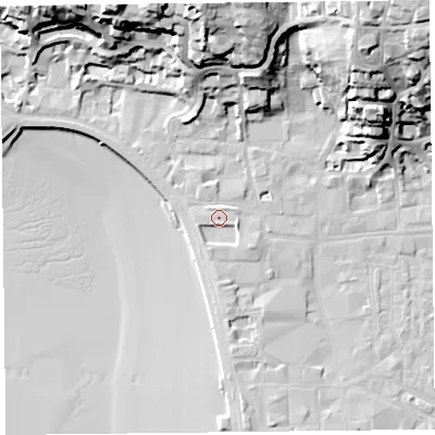 Shaded relief map of the ground around BS232AH, computed from Environment Agency LiDAR. The ground here sits at about 9 m above sea level and falls 40 m across the surrounding 800 m. Surface water reaching this point runs off ground lying to the south-south-west, 1.6 m higher.