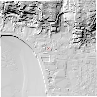 Shaded relief map of the ground around BS232AL, computed from Environment Agency LiDAR. The ground here sits at about 8 m above sea level and falls 43 m across the surrounding 800 m. Surface water reaching this point runs off ground lying to the east-south-east, 1.1 m higher.