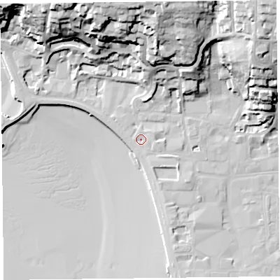 Shaded relief map of the ground around BS232AN, computed from Environment Agency LiDAR. The ground here sits at about 8 m above sea level and falls 42 m across the surrounding 800 m. Surface water reaching this point runs off ground lying to the south-east, 1.7 m higher.