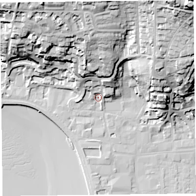 Shaded relief map of the ground around BS232AQ, computed from Environment Agency LiDAR. The ground here sits at about 8 m above sea level and falls 67 m across the surrounding 800 m. Surface water reaching this point runs off ground lying to the north-east, 12.2 m higher.