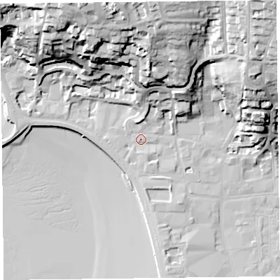 Shaded relief map of the ground around BS232AS, computed from Environment Agency LiDAR. The ground here sits at about 8 m above sea level and falls 48 m across the surrounding 800 m. Surface water reaching this point runs off ground lying to the north-east, 37.0 m higher.