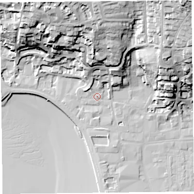 Shaded relief map of the ground around BS232AT, computed from Environment Agency LiDAR. The ground here sits at about 9 m above sea level and falls 55 m across the surrounding 800 m. Surface water reaching this point runs off ground lying to the north-east, 38.9 m higher.