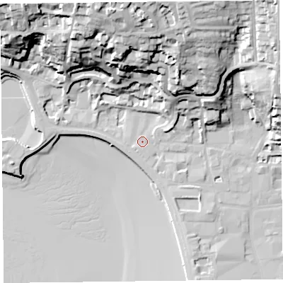 Shaded relief map of the ground around BS232AW, computed from Environment Agency LiDAR. The ground here sits at about 8 m above sea level and falls 47 m across the surrounding 800 m. Surface water reaching this point runs off ground lying to the north-east, 5.7 m higher.