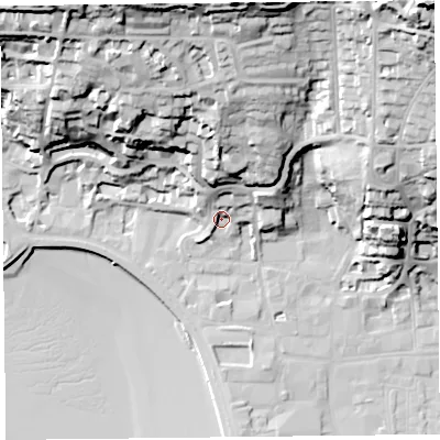 Shaded relief map of the ground around BS232AX, computed from Environment Agency LiDAR. The ground here sits at about 10 m above sea level and falls 75 m across the surrounding 800 m. Surface water reaching this point runs off ground lying to the north, 48.4 m higher.