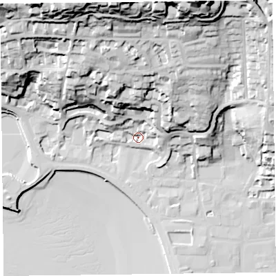 Shaded relief map of the ground around BS232BA, computed from Environment Agency LiDAR. The ground here sits at about 9 m above sea level and falls 74 m across the surrounding 800 m. Surface water reaching this point runs off ground lying to the north-north-east, 60.4 m higher.