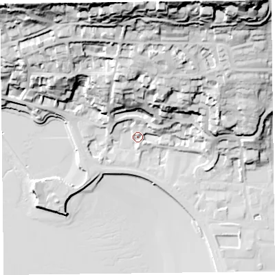 Shaded relief map of the ground around BS232BB, computed from Environment Agency LiDAR. The ground here sits at about 9 m above sea level and falls 79 m across the surrounding 800 m. Surface water reaching this point runs off ground lying to the north, 63.2 m higher.