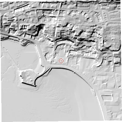 Shaded relief map of the ground around BS232BD, computed from Environment Agency LiDAR. The ground here sits at about 8 m above sea level and falls 59 m across the surrounding 800 m. Surface water reaching this point runs off ground lying to the north-east, 50.8 m higher.