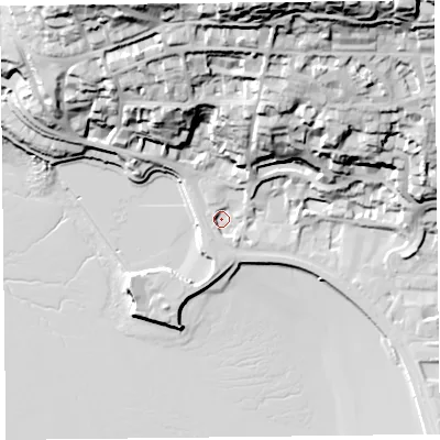 Shaded relief map of the ground around BS232BE, computed from Environment Agency LiDAR. The ground here sits at about 7 m above sea level and falls 67 m across the surrounding 800 m. Surface water reaching this point runs off ground lying to the north, 56.3 m higher.