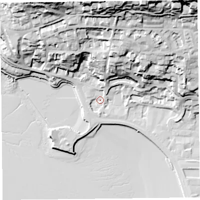 Shaded relief map of the ground around BS232BH, computed from Environment Agency LiDAR. The ground here sits at about 8 m above sea level and falls 76 m across the surrounding 800 m. Surface water reaching this point runs off ground lying to the north-north-east, 9.3 m higher.