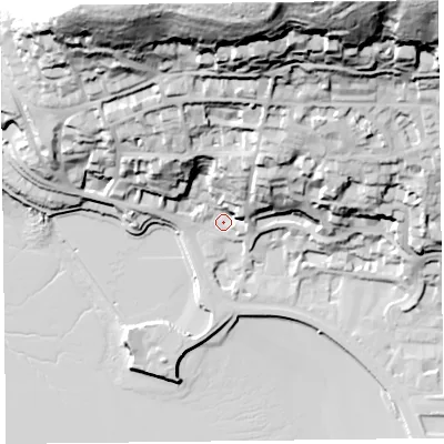 Shaded relief map of the ground around BS232BN, computed from Environment Agency LiDAR. The ground here sits at about 10 m above sea level and falls 93 m across the surrounding 800 m. Surface water reaching this point runs off ground lying to the north-north-east, 81.2 m higher.