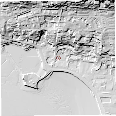 Shaded relief map of the ground around BS232DT, computed from Environment Agency LiDAR. The ground here sits at about 7 m above sea level and falls 76 m across the surrounding 800 m. Surface water reaching this point runs off ground lying to the north, 7.6 m higher.
