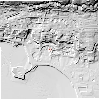 Shaded relief map of the ground around BS232DU, computed from Environment Agency LiDAR. The ground here sits at about 10 m above sea level and falls 84 m across the surrounding 800 m. Surface water reaching this point runs off ground lying to the north, 73.3 m higher.