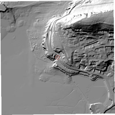 Shaded relief map of the ground around BS232EF, computed from Environment Agency LiDAR. The ground here sits at about 15 m above sea level and falls 92 m across the surrounding 800 m. Surface water reaching this point runs off ground lying to the north-east, 18.6 m higher.