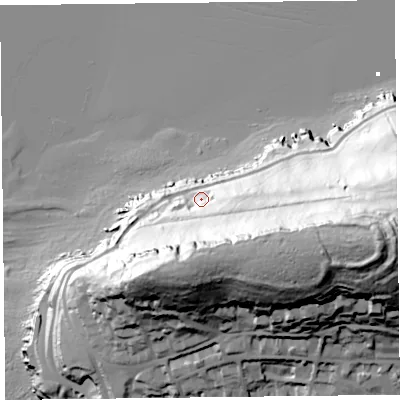 Shaded relief map of the ground around BS232ES, computed from Environment Agency LiDAR. The ground here sits at about 25 m above sea level and falls 104 m across the surrounding 800 m. Surface water reaching this point runs off ground lying to the east-south-east, 69.3 m higher.