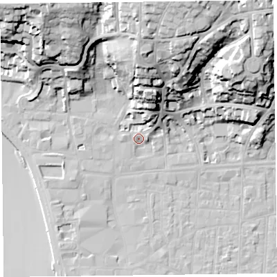 Shaded relief map of the ground around BS232PJ, computed from Environment Agency LiDAR. The ground here sits at about 8 m above sea level and falls 42 m across the surrounding 800 m. Surface water reaching this point runs off ground lying to the north-north-east, 17.0 m higher.