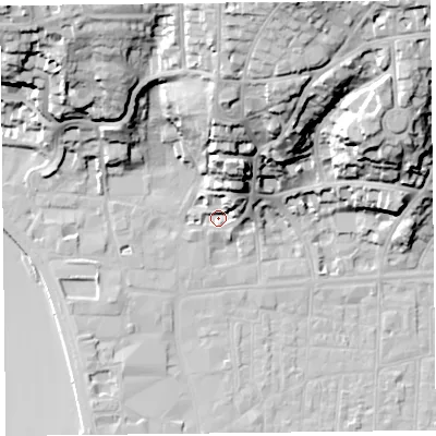Shaded relief map of the ground around BS232PL, computed from Environment Agency LiDAR. The ground here sits at about 8 m above sea level and falls 45 m across the surrounding 800 m. Surface water reaching this point runs off ground lying to the north-north-east, 15.0 m higher.