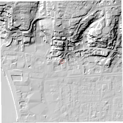 Shaded relief map of the ground around BS232PN, computed from Environment Agency LiDAR. The ground here sits at about 8 m above sea level and falls 41 m across the surrounding 800 m. Surface water reaching this point runs off ground lying to the north, 17.0 m higher.