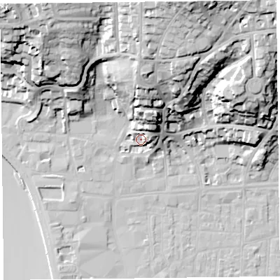 Shaded relief map of the ground around BS232QA, computed from Environment Agency LiDAR. The ground here sits at about 10 m above sea level and falls 48 m across the surrounding 800 m. Surface water reaching this point runs off ground lying to the north-east, 11.8 m higher.
