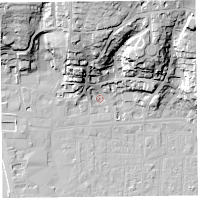 Shaded relief map of the ground around BS232QB, computed from Environment Agency LiDAR. The ground here sits at about 7 m above sea level and falls 40 m across the surrounding 800 m. Surface water reaching this point runs off ground lying to the north, 39.0 m higher.