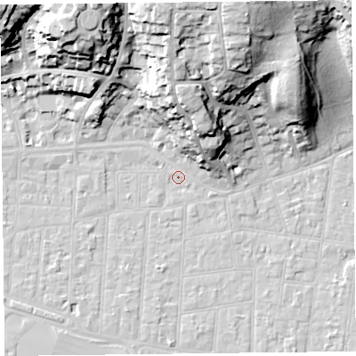 Shaded relief map of the ground around BS232RF, computed from Environment Agency LiDAR. The ground here sits at about 6 m above sea level and falls 35 m across the surrounding 800 m. Surface water reaching this point runs off ground lying to the north, 31.4 m higher.