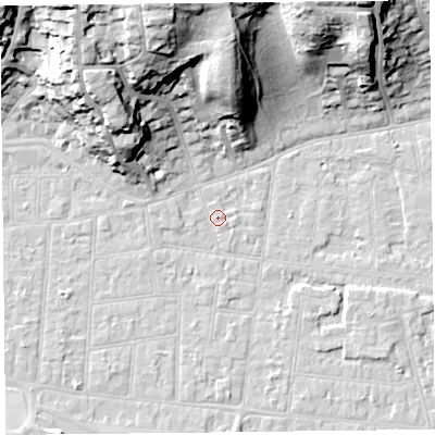 Shaded relief map of the ground around BS232RX, computed from Environment Agency LiDAR. The ground here sits at about 6 m above sea level and falls 32 m across the surrounding 800 m. Surface water reaching this point runs off ground lying to the north-west, 13.9 m higher.