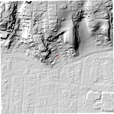 Shaded relief map of the ground around BS232RY, computed from Environment Agency LiDAR. The ground here sits at about 8 m above sea level and falls 39 m across the surrounding 800 m. Surface water reaching this point runs off ground lying to the north, 34.3 m higher.