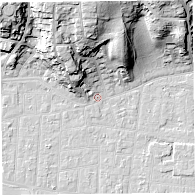 Shaded relief map of the ground around BS232SA, computed from Environment Agency LiDAR. The ground here sits at about 6 m above sea level and falls 35 m across the surrounding 800 m. Surface water reaching this point runs off ground lying to the north-west, 15.9 m higher.
