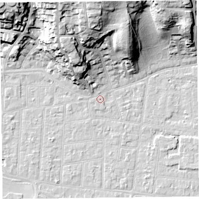Shaded relief map of the ground around BS232SB, computed from Environment Agency LiDAR. The ground here sits at about 6 m above sea level and falls 33 m across the surrounding 800 m. Surface water reaching this point runs off ground lying to the north-west, 13.3 m higher.