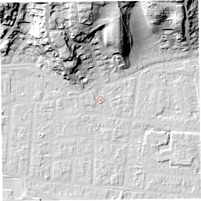 Shaded relief map of the ground around BS232SD, computed from Environment Agency LiDAR. The ground here sits at about 6 m above sea level and falls 32 m across the surrounding 800 m. Surface water reaching this point runs off ground lying to the north-west, 13.9 m higher.