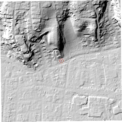 Shaded relief map of the ground around BS232SH, computed from Environment Agency LiDAR. The ground here sits at about 6 m above sea level and falls 36 m across the surrounding 800 m. Surface water reaching this point runs off ground lying to the north-north-west, 35.3 m higher.